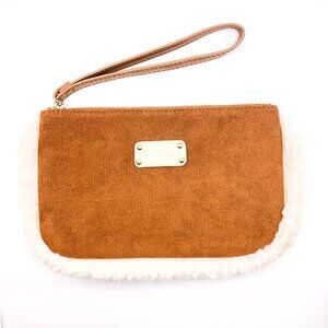 BearPaw Faux Suede Shearling Trim Wristlet Clutch Bag